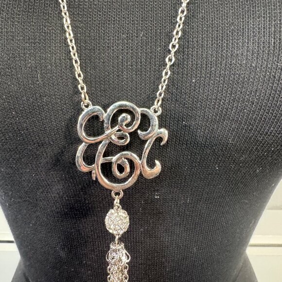 Long Silver Tone Tassel Pendant Necklace Swirl Design Elegant Statement Jewelry - Picture 2 of 4